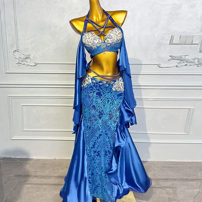 customized belly dance costume oriental dance performance dress rhinestone floating sleeve bra pearl fish tail long skirt set