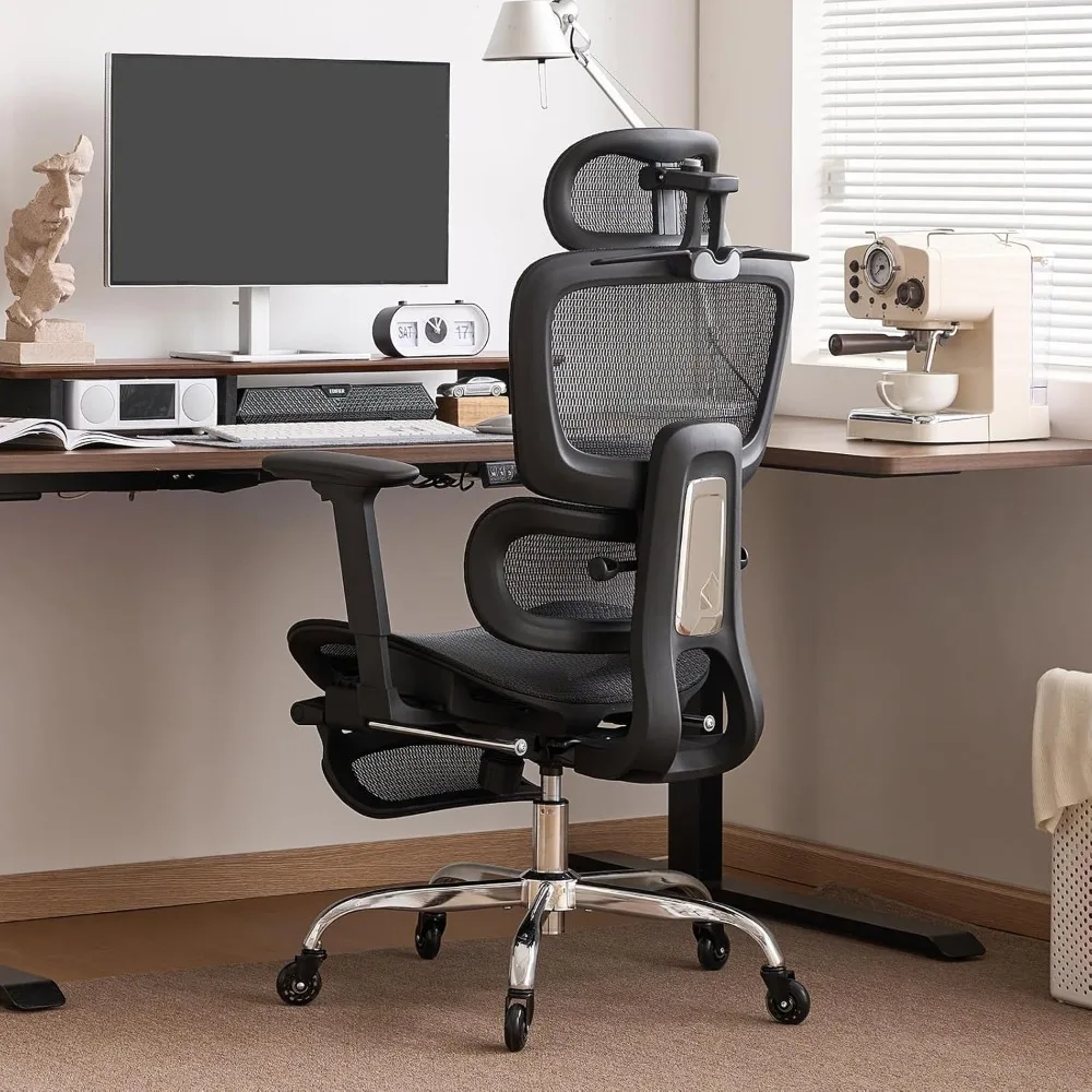 Ergonomic Office Chair with Neck Support and Footrest, Adjustable Backrest Computer Chair with 3D Armrests and Rubber Wheels