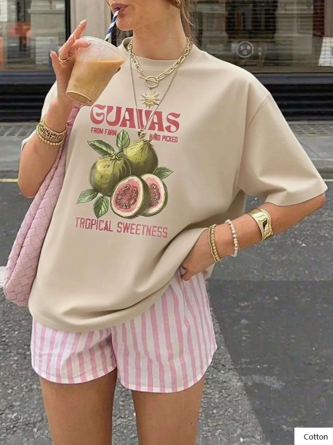تي شيرت قطني عالي الجودة مع طباعة الجوافة وشعار استوائي يرفع أسلوبك أثناء التمتع بحلاوة الصيف المحملة S-4XL