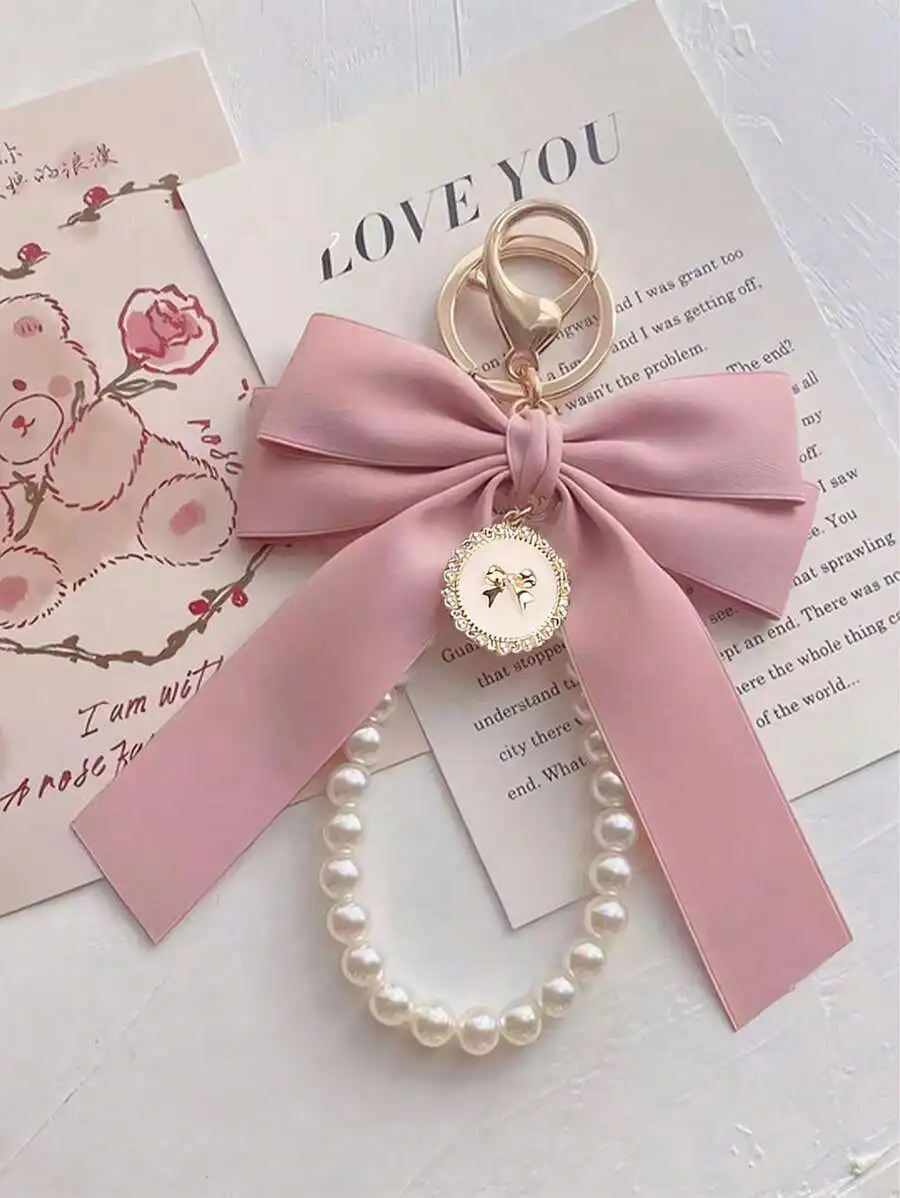 

Pink Ribbon Faux Pearl Keychain With Bow Charm For Women Purse Bag Car Decoration