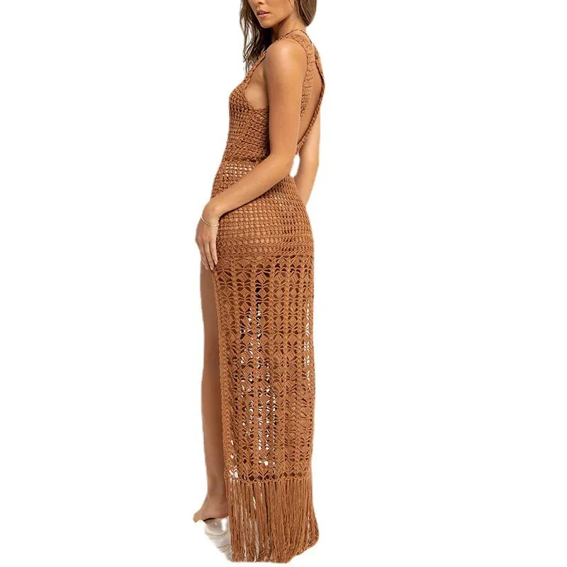 Boho Clothing Dress Pareo Crochet Beach Sleeveless High Slit Swim Olive Green Open Back Women's Tunic