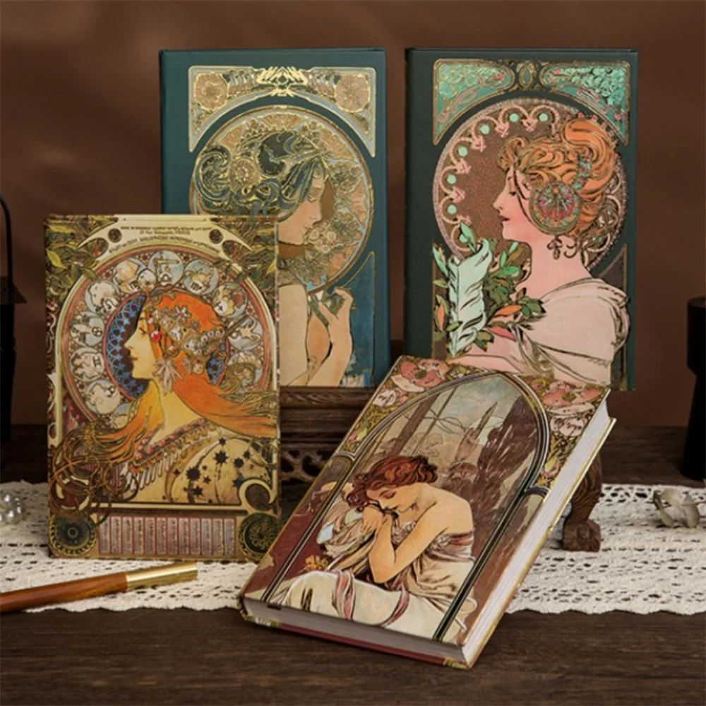 Retro A5 Notebooks,Mucha Girlish Oil Painting Hardcover Diary,Hand Ledger,Hot Stamping,Exquisite And High-Value Notepad