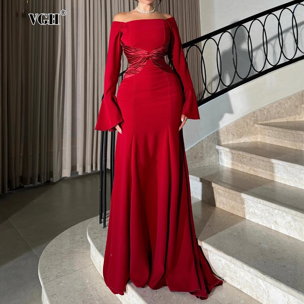

VGH Elegant Spliced Bowknot Tunic Party Long Dress for Women Slash Neck Off Shoulder Flare Sleeve Floor Length Dresses Female