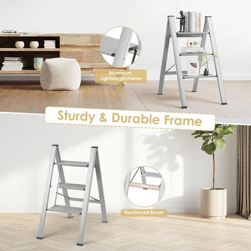 3 Step Ladder, Aluminum Step Ladder 3 Step Folding with Anti-Slip Pedal,330LBS Capacity Folding Step Ladder, for Kitchen, Office