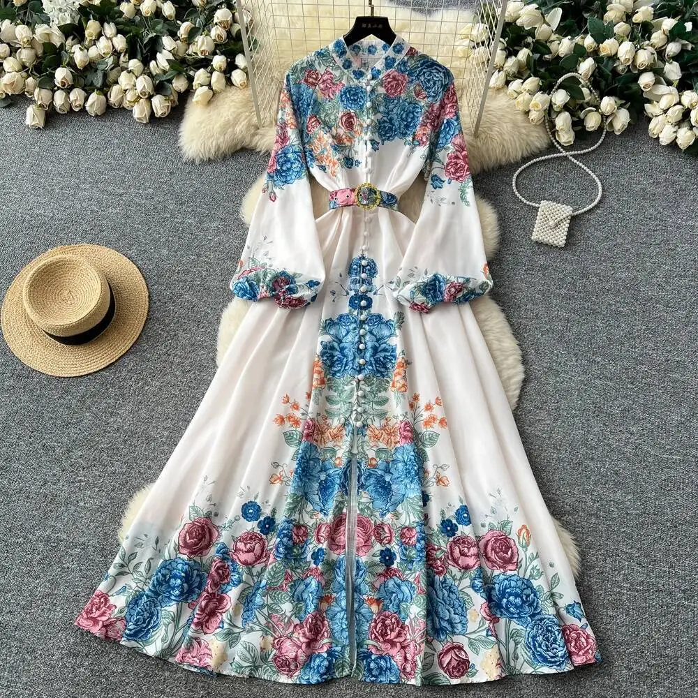 Retro Elegant O-Neck Ruched Long Sleeve Casual High Waist dress Women Clothing ceremony dresses