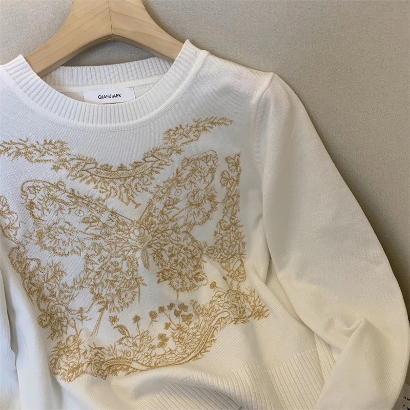 Embroidery Vintage Sweater For Women Elegant Fashion Stylish Chic Knitwear Tops 2024 Autumn Long Sleeve O-neck Jumpers Femme