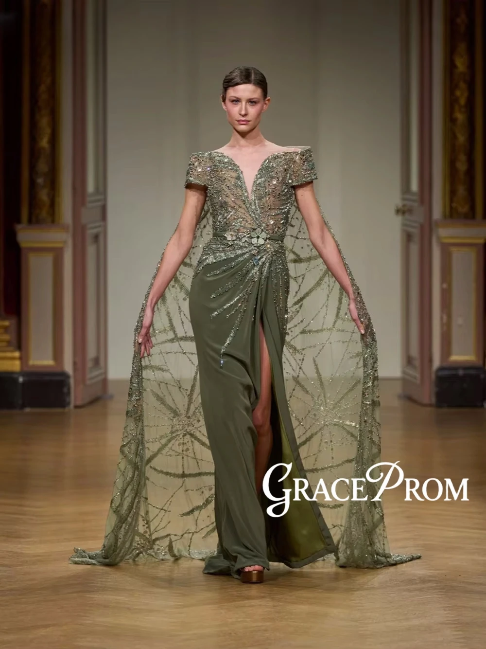 

Вечернее платье для торжественных случаев с V-образным вырезом, ослепительное платье для выпускного вечера с боковым разрезом и накидкой, элегантное гламурное коктейльное платье русалки с бисером и блестками