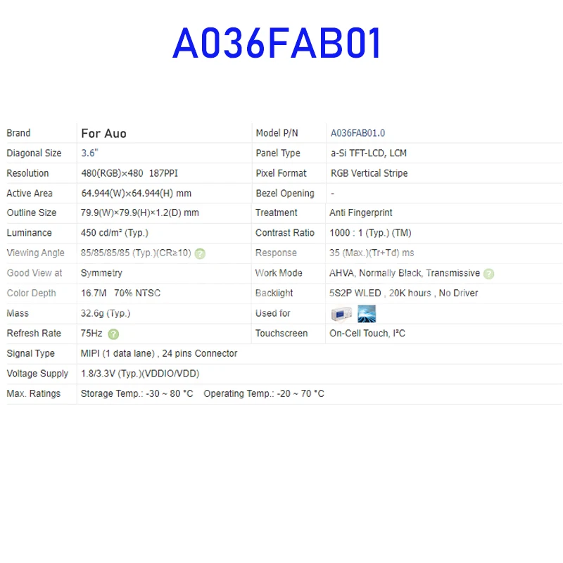 A036FAB01 Panel Layar Tampilan LCD TFT 3.6 Inci Asli untuk Auo 24 Pin Layar Sentuh On-cell Baru Diuji