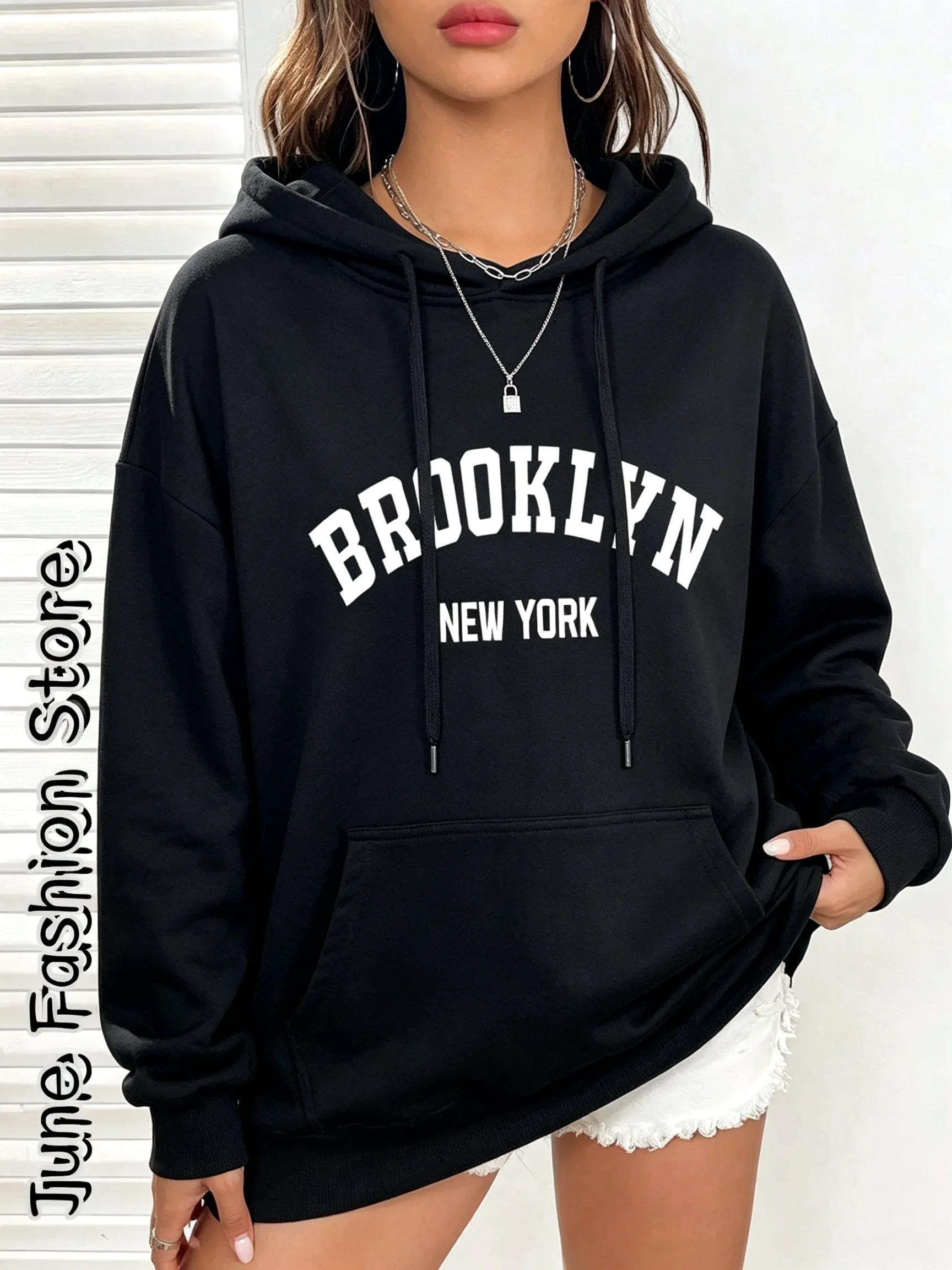 Damen-Kapuzenpullover – Lässige Streetwear-Mode mit Buchstabenmuster, Brooklyn New York – Vintage-Stil, Frühlings- und Herbstkollektion. – Detail 9