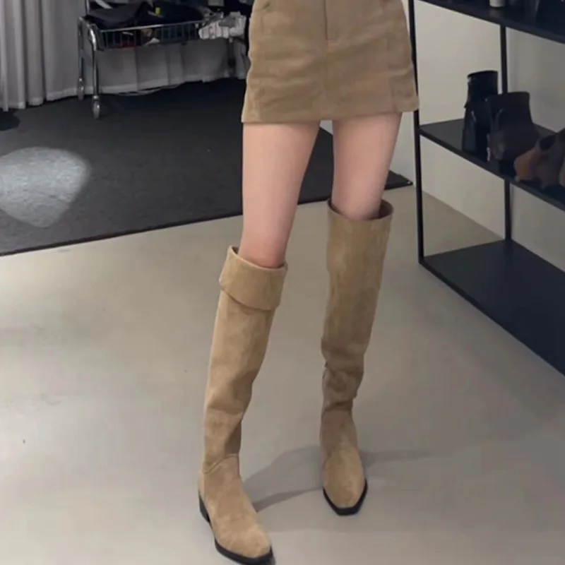 Women Elastic Slimming Suede Long Loots Autumn/Winter Fashion Female Square Toe Low Heel Over The Knee High Booties Botas Mujer