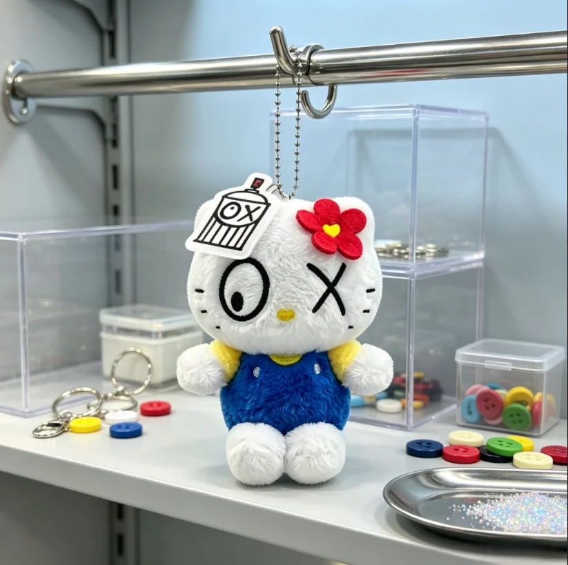 Genuine  Sanrio Artist Series Cross-Eye Hello Kitty Plush Pendant, Red Bow Blue Overalls & Pink Flower Red Outfit Soft Plush Key
