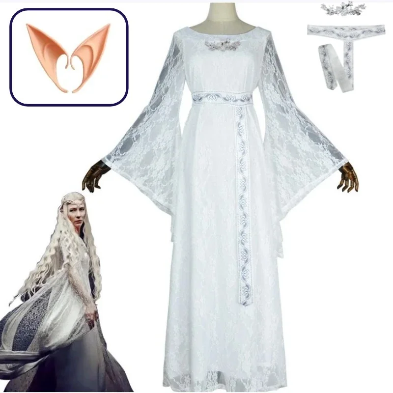 

Disguise Elf Queen Galadriel Cosplay Medieval Vintage White Court Gown Magic Movie Ring Costume Women and Elven Ear Props