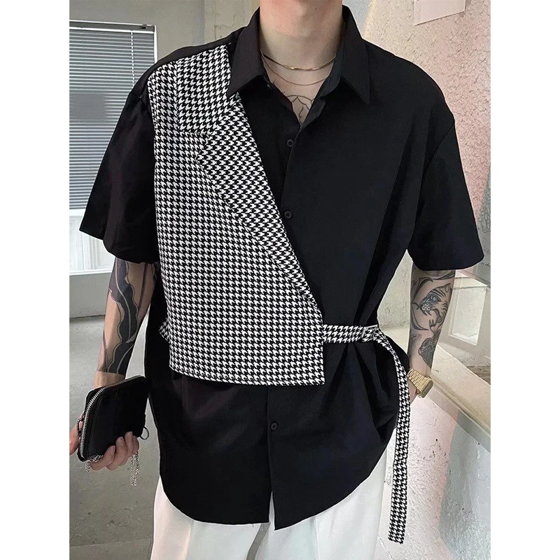 Men's Fake Two Piece Patchwork Korean Blouse Polo Neck Loose Youth Street Casual Shirt Tops Fashion Trend Men Clothing Summer