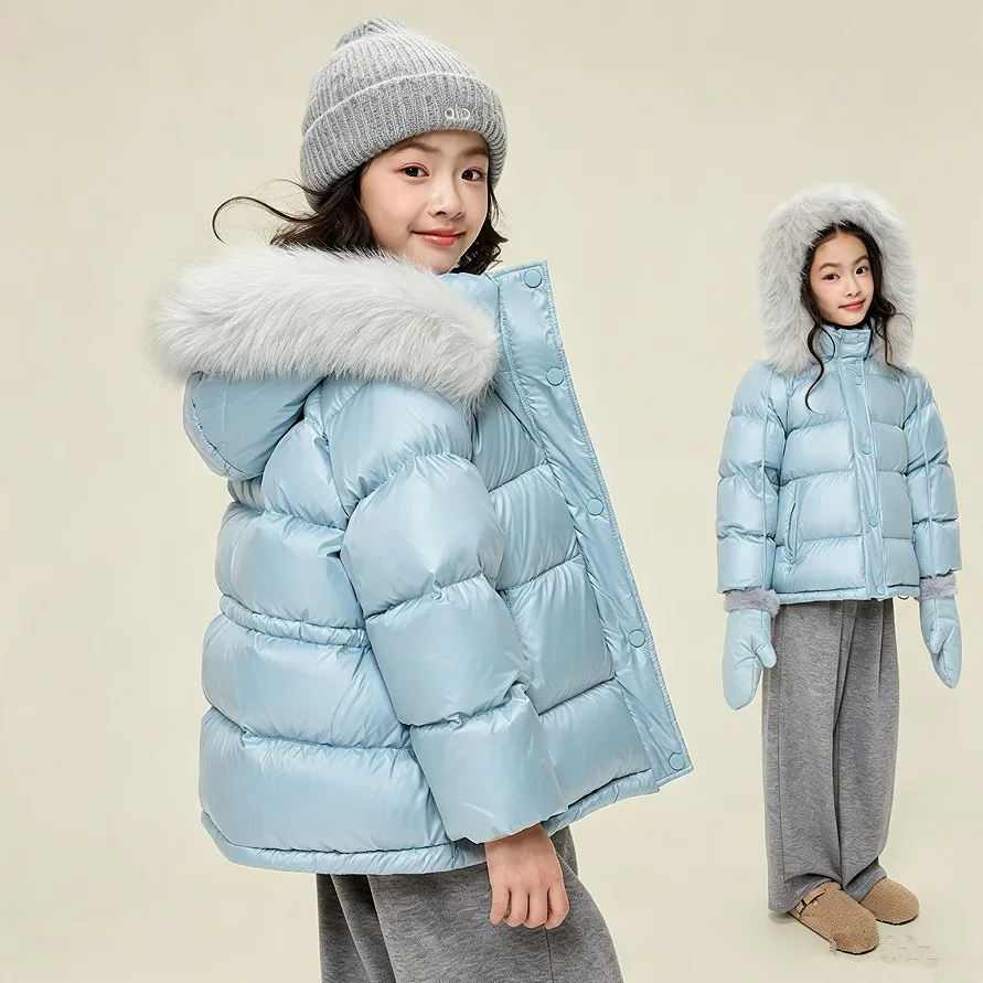 Warmer Winter-Puffermantel für Mädchen, hellblau, abnehmbarer Pelzkragen, mit Kapuze, wasserdicht, dick, Kinder-Oberbekleidung für kaltes Wetter A5105 – Detail 3