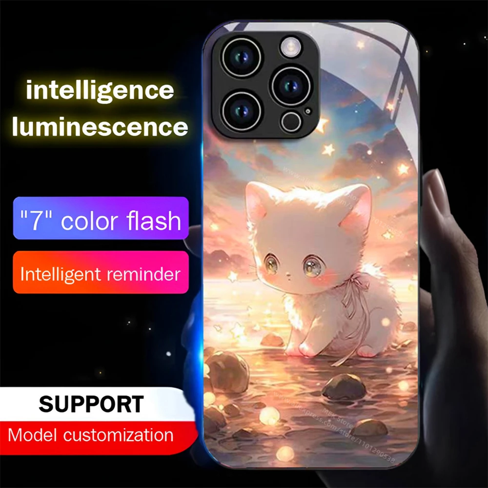 Adorável gato dos desenhos animados caso de telefone luminoso led luz vidro à prova de choque capa para iphone 16 e 15 14 13 12 11 pro max xr xs plus