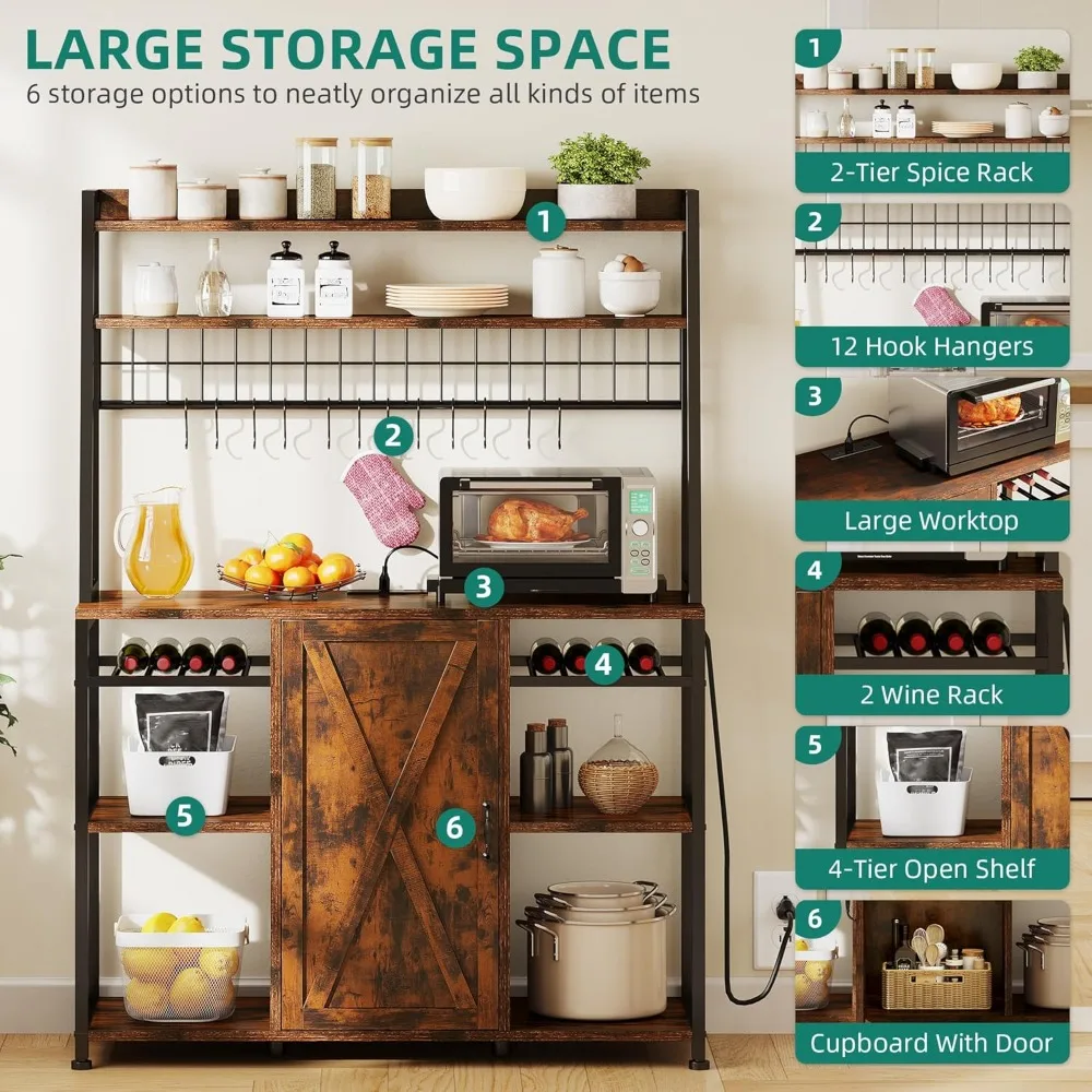 رف خباز كبير مقاس 47 بوصة على طراز المزرعة مع مخرج طاقة وتخزين، وخزانة بار القهوة، وحامل ميكروويف للمطبخ