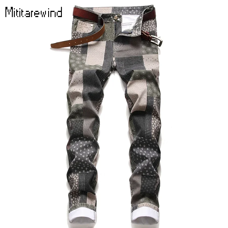 

England Style Mens Jeans High Street Patchwork Printed Jeans Stretch Straight Slim Jeans Fashion Denim Pants Man Y2k Streetwear