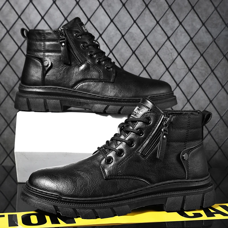 Men Retro Work Ankle Boots Autumn Winter Thick Bottom High Top Casual Boots Leather Boots Chelsea Desert Waterproof Boots Male