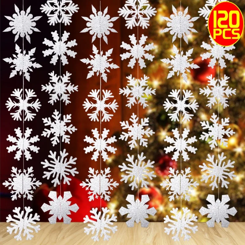 12-120pcs Christmas Snowflake Hanging Ornaments White Paper Artificial Snowflake Pendents Xmas Tree Decoration New Year Supplies