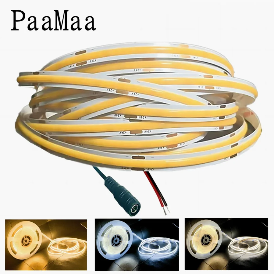 Flexível COB LED Strip Lights, Alta Densidade, Fita DC Plug, Fio 2Pin, Painel de 8mm, Cozinha e Decoração do quarto, DC12V, 24V, 320LEDs por m, RA90