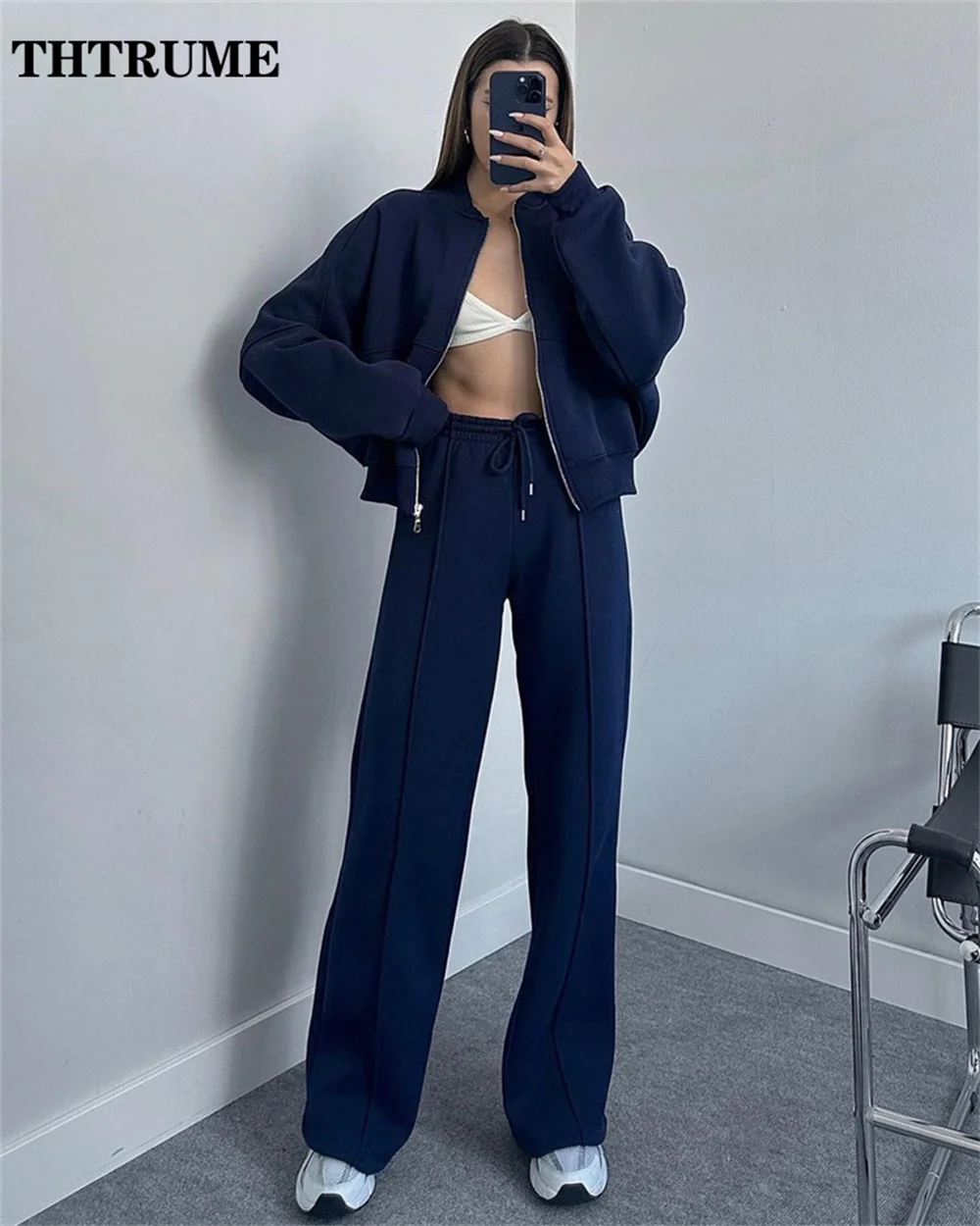 Elegant Women New Two Piece Sets Fashion Autumn Solid Zipper Jackets Straight Pants Outfits Casual Communte Chic Slim Streetwear