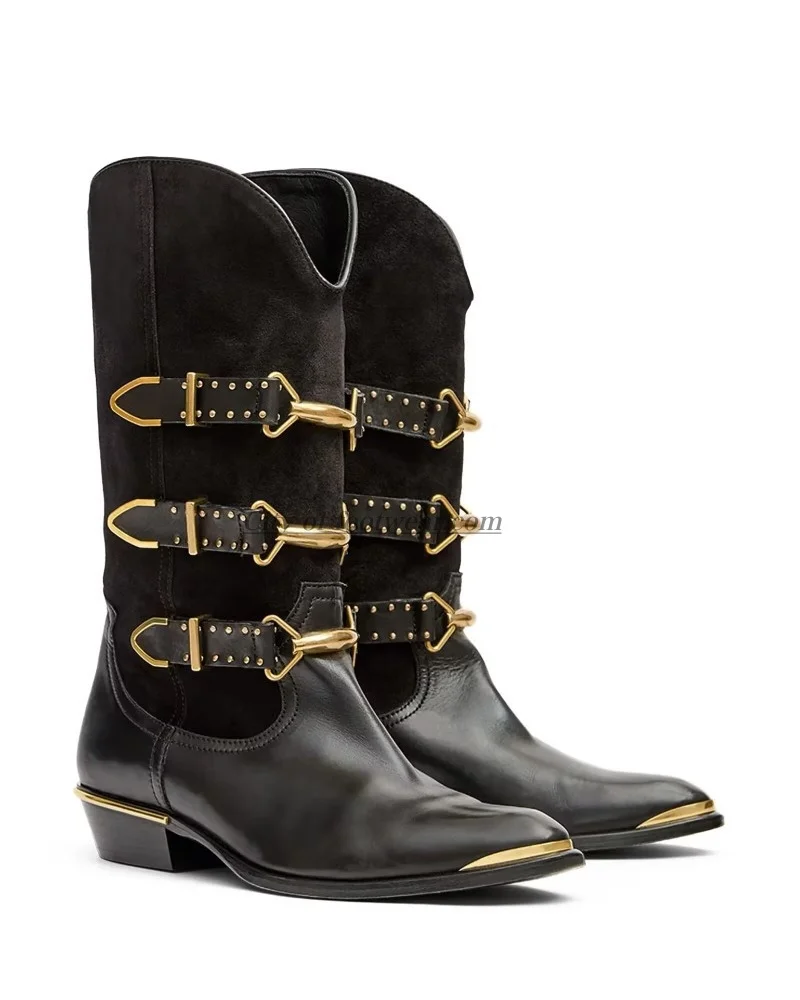 נעלי עקב בינוניות מעור שחור עם אבזם משובץ לנשים, עקבים נמוכים מערביים, נוחות ומרעננות, נעליים מעצבים יוקרתיות חדשות לשנת 2026