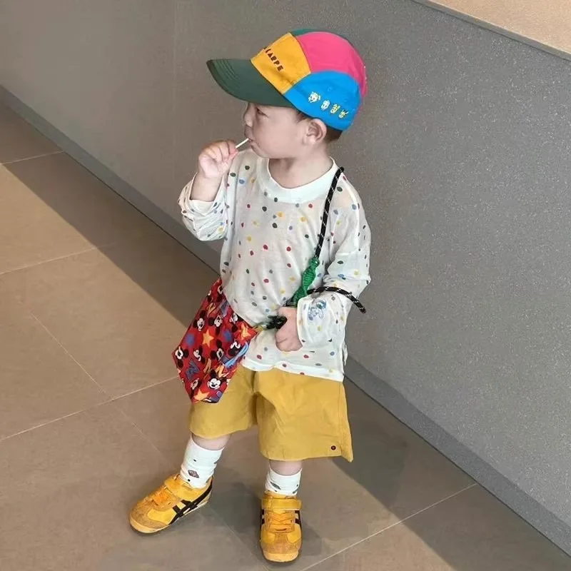 

Girls Boys T-Shirt 2025 Autumn Sun Protection Long Sleeve Cartoon Printed Korean Style Casual Colorful Polka Dot Cover-Up Top