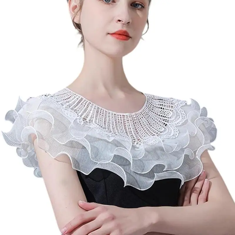 

77HE Retro Lace Collar Capelet Lightweight Soft Fabric Formal Event Outfit DIY Fashion Accessory
