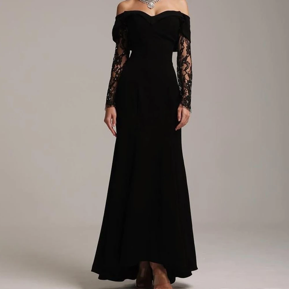 Delicate Jersey A-Line Off the Shoulder Lace and Crystal Evening Dress Strapless Long Sleeves Floor Length Sweep Train Black