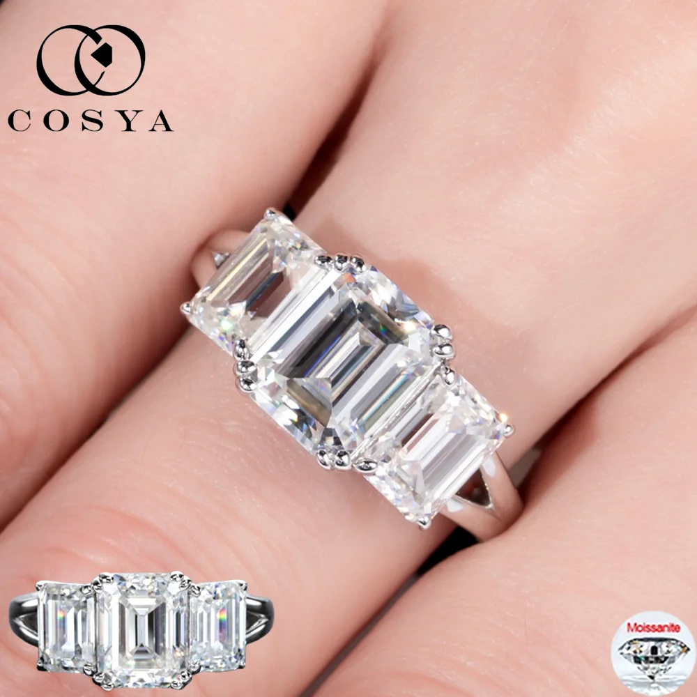 

COSYA 5cttw Изумрудная огранка Муассанит 3-х камней Кольцо 100% серебро S925 D Цвет VVS1 Лабораторное обручальное кольцо с бриллиантом для женщин Изящные ювелирные изделия