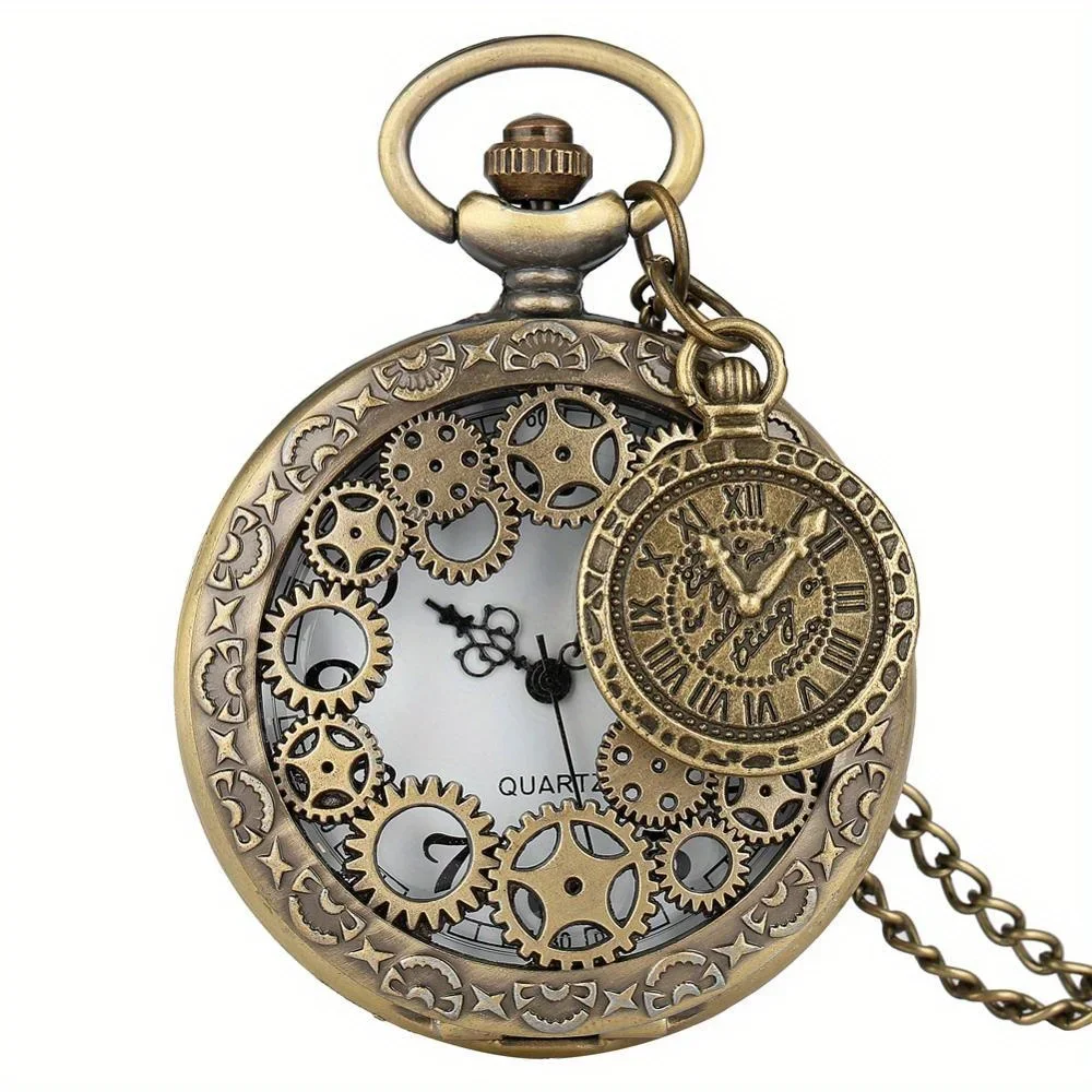 Reloj de bolsillo de cuarzo con esqueleto de engranaje, reloj de cadena con collar analógico Steampunk Retro para mujeres y hombres, regalo del Día del Padre