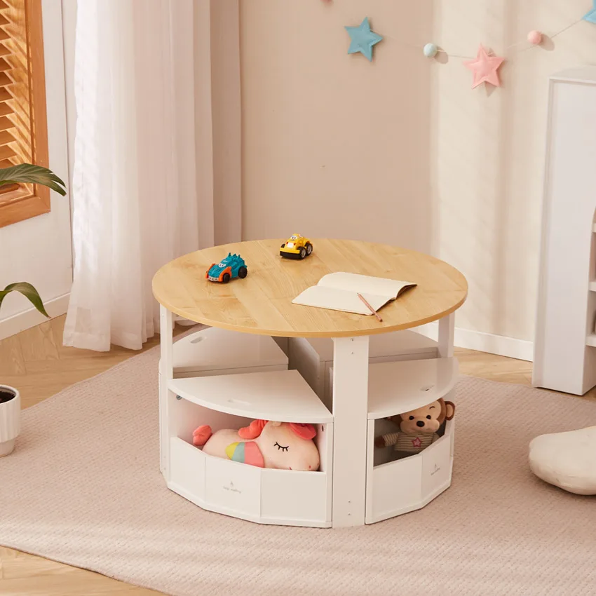 Modern Wood Nesting Round Table for Kids School Activity Play Non-Toxic with 4 Storage Stools for Art Craft Set