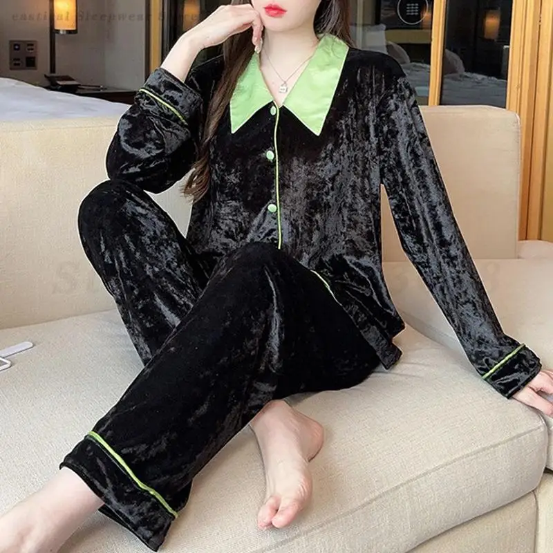 

Elegant Velvet Female 2PCS Pajamas Set Fashion French Style Rhinestone Sleepwear Loungewear Pijamas Suit Autumn New Home Wear
