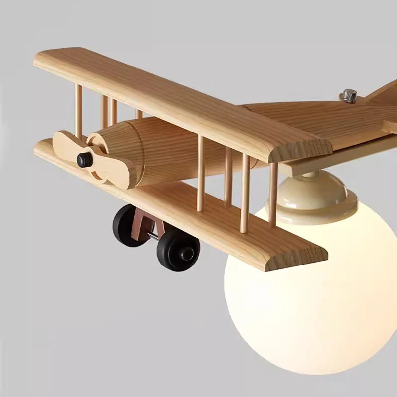 Wooden Plane Lamp Creative Airplane Chandelier Light for Nursery Room Children\'s Bedroom Ceiling Lights for Boy Kids LED E27