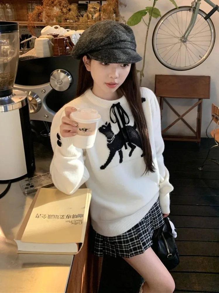 Deeptown Kawaii Cat graficzny sweter damski koreański sweter ze słodką kokardą Kpop casualowy Sueter Mujer bluzki z długim rękawem