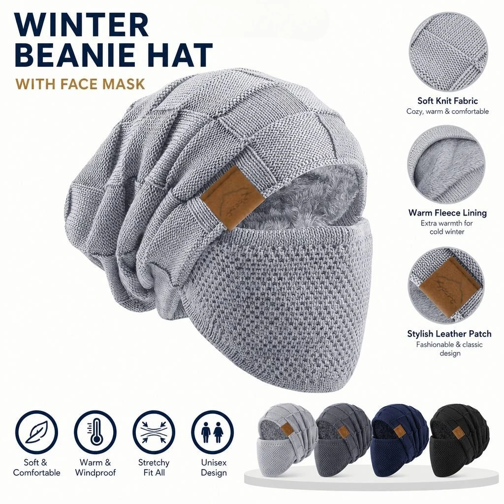 2026 New Men's/Women's Winter Plush Anti Cold Face Mask 2pcs Hat Set/Elastic Drawstring Closure/Lightweight and Warm