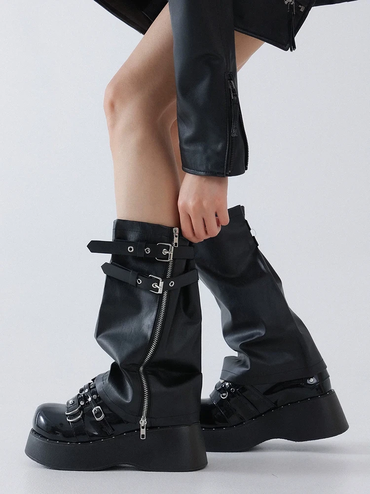 REDDACHiC Irregular Zipper Leg Warmers ICON Punk Retro Leather Black Belted Long Boots Covers Harajuku Grunge Emo Women Clothes view 6