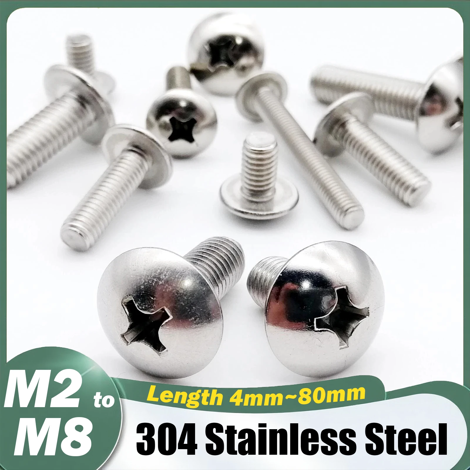 (A2-70) 304 Stainless Steel Phillips Braguero Flat Head Large Round Cross Bolt M2 M2.5 M3 M4 M5 M6 M8 Length 4mm~ 80mm