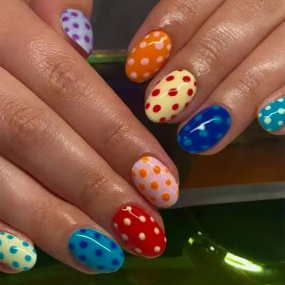 24Pcs/Set Short Oval   Polka point design Rainbow French tip Press on Nails