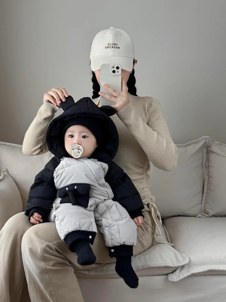 Thiened down Overall Suit for Babies And Toddlers Cute Winter Outwear Casual Sle Removable Hood White Du down Filling