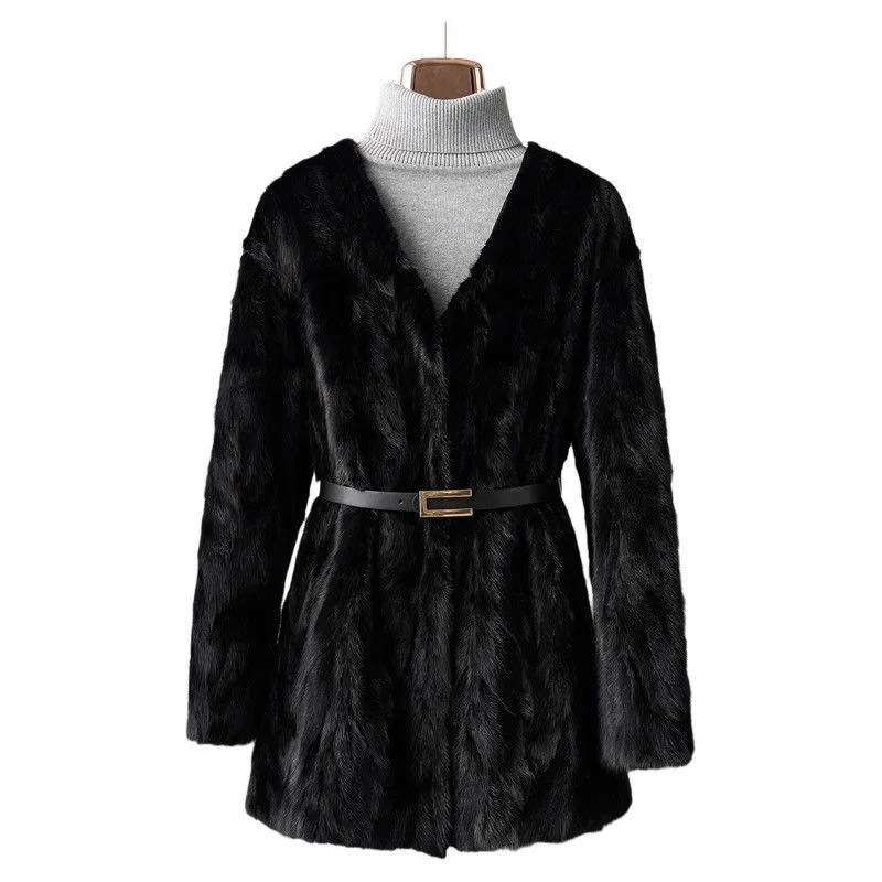 2025 inverno real casaco de pele de vison retalhos de pele de vison médio a longo com decote em v jaqueta de pele de alta qualidade