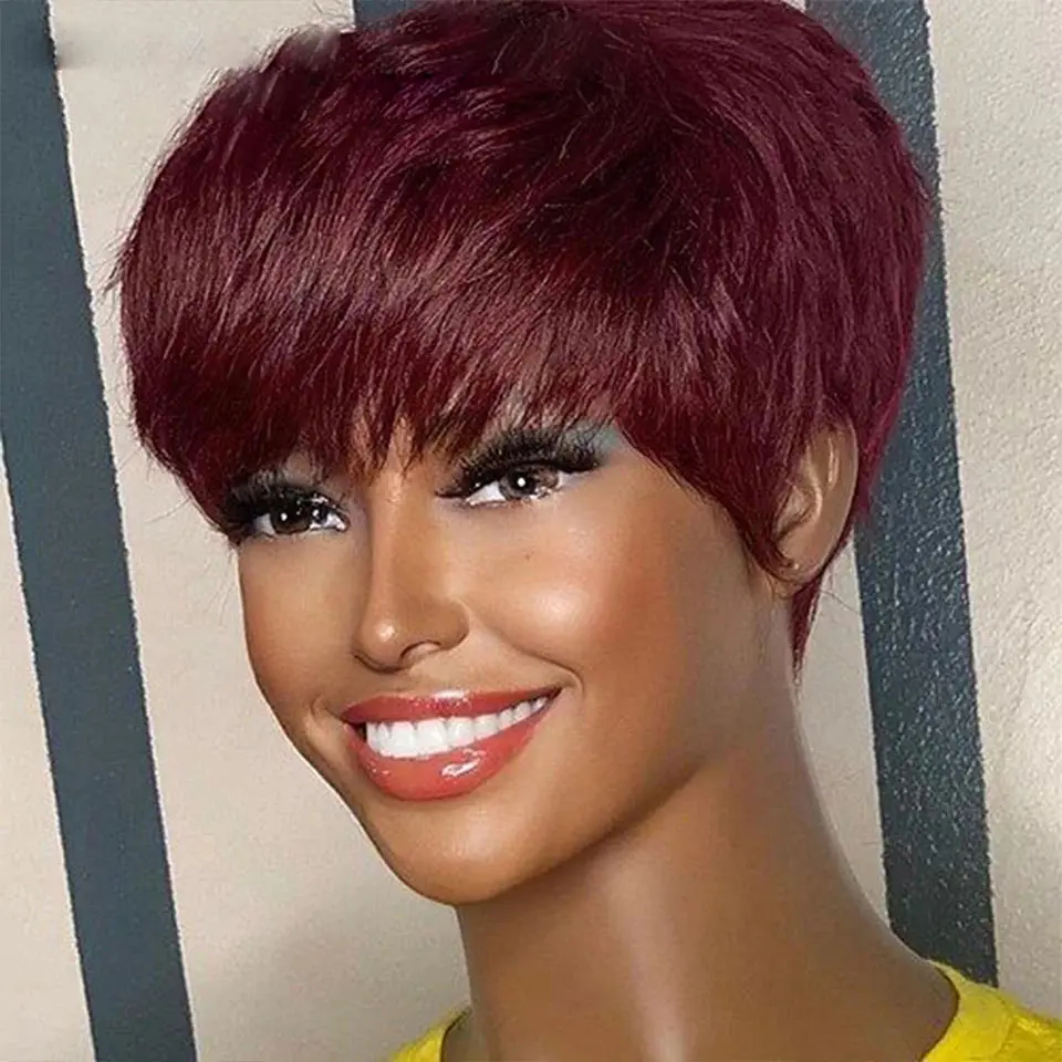 99J Pixie Cut Human Hair Short Layered Wigs for Women Right Side Long Bangs Wavy Hairstyle Machine Made Wig Dark Burgundy Red