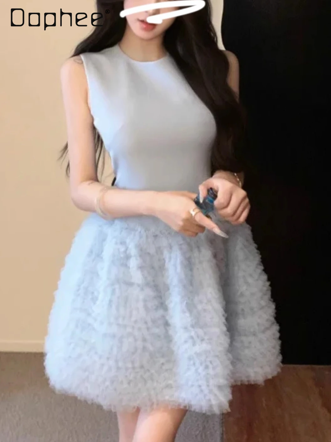 Abiti da sera eleganti da socialite francesi Abito da torta in rete sottile patchwork per donna Abito da ballo a trapezio con scollo tondo di fascia alta