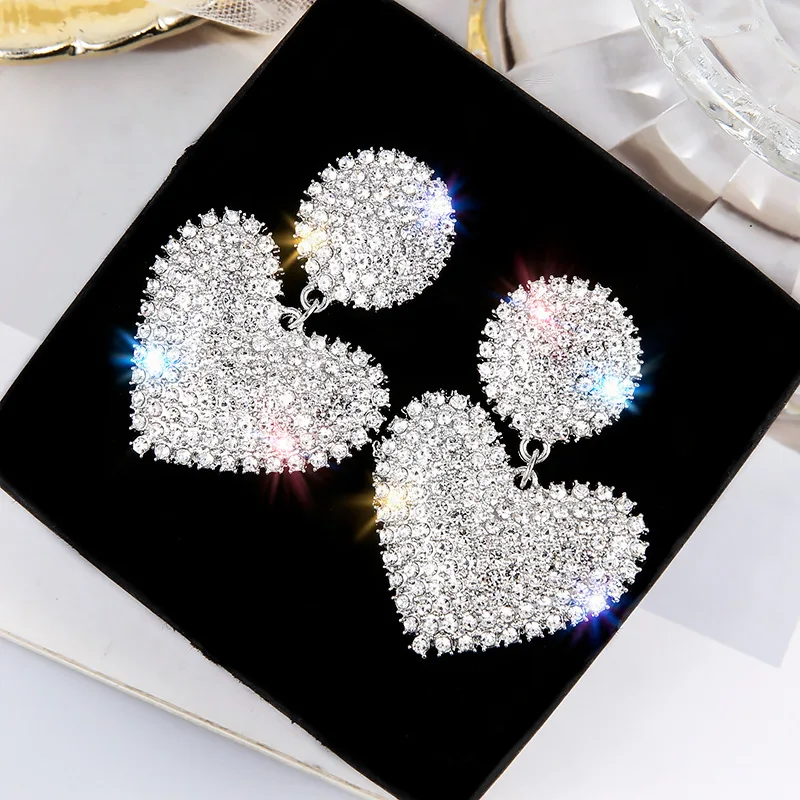 LATS New Heart Earrings Women\'s Luxurious Geometric Full Rhinestone Earrings Korean Gold Color Love 2020 Fashion Jewelry