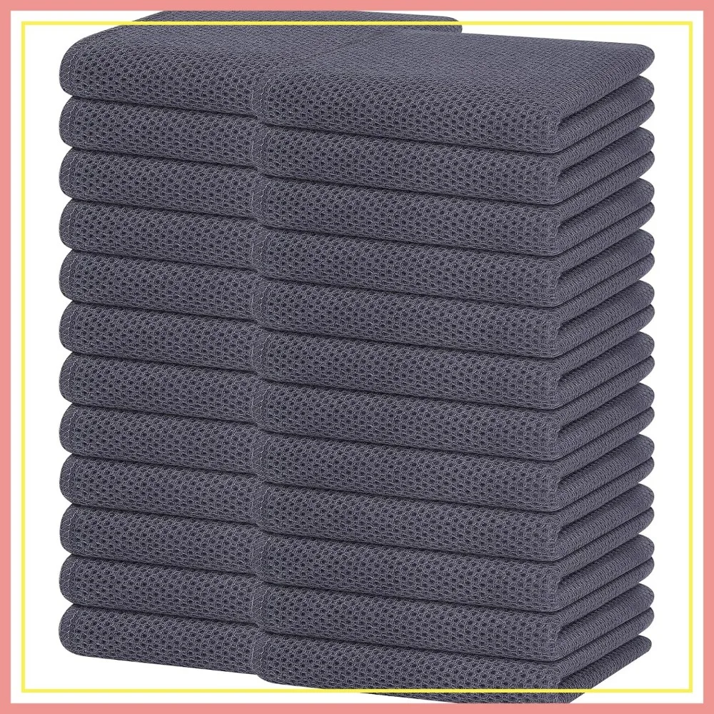 

100% Cotton Waffle Kitchen Towels 24 Pack - Ultra Soft Absorbent Quick Dry Dish Cloths 13x28 Inches Dark Grey
