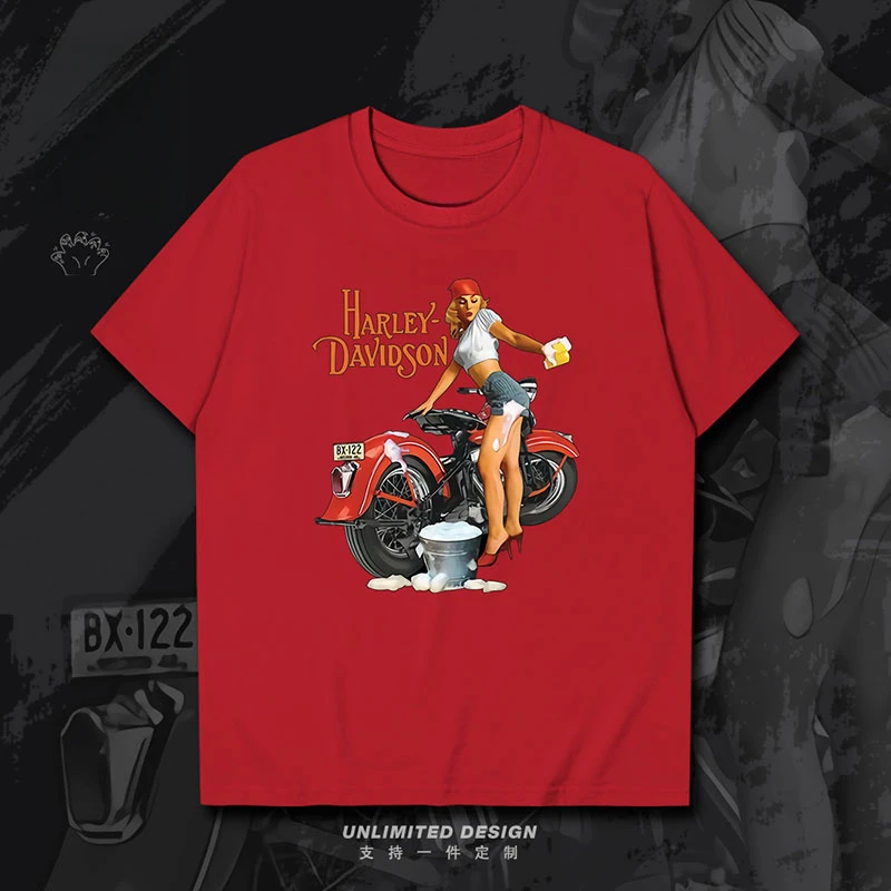 

New Vintage Motorcycle Car Wash Girl Printed Graphic T-shirt Men's and Women's Short Sleeve Breathable Motorcycle T-shirt
