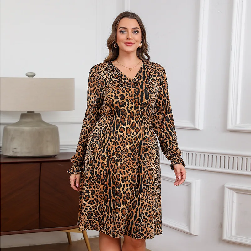 

High elastic knitted leopard print V-neck medium and long dress large size women's sexy long-sleeved dress fashionable simple te