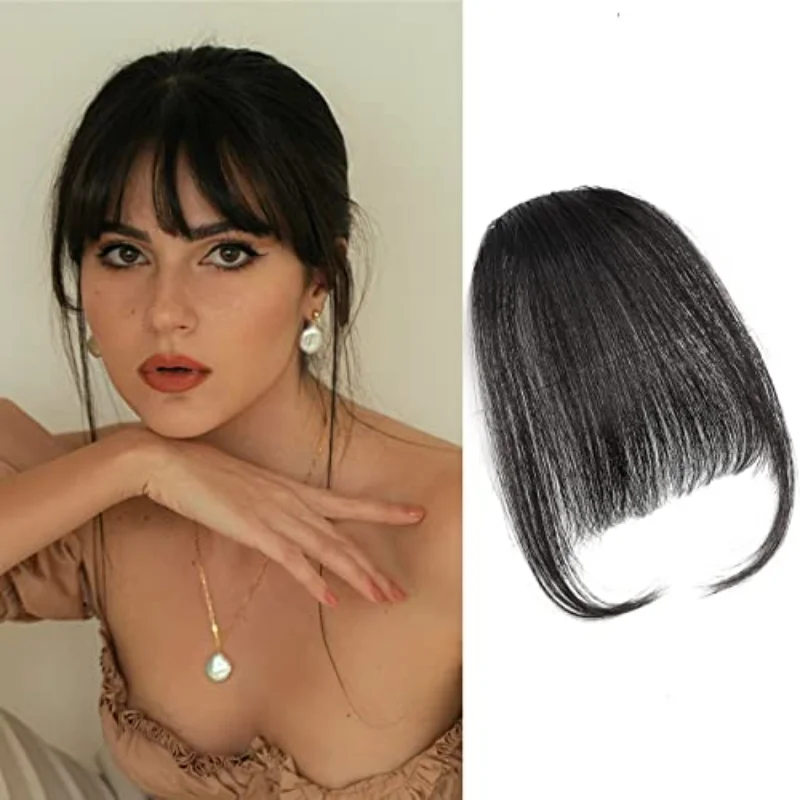 Clip in Bangs Human Hair Wispy Bangs Hairpin Fringe with Temple Extension Hairpin Style Flat and Clean Air Bang