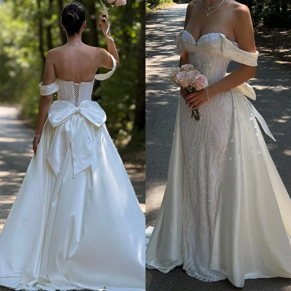 

Customized Exquisite White Satin Celebrity Gowns Elegant O-Neck Off the Shoulder Evening Dress Temperament Vestido De Festa