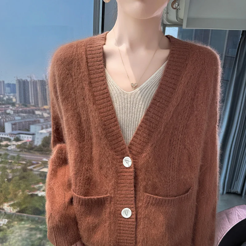 

Осень-зима 2022, новый свитер из норки, кардиган с v-образным вырезом, однотонный корейский кардиган с длинными рукавами, вязаная куртка